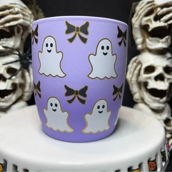 Cobwebs & Cauldrons Halloween Purple Ombre White Ghost Black Bow Coffee Mugs - Picture 8 of 12